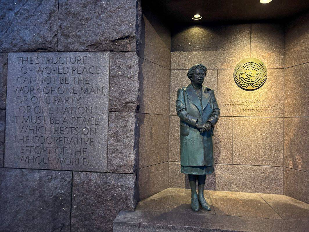 The bronze statue of First Lady Eleanor Roosevelt is located at The Franklin Delano Roosevelt Memorial. 