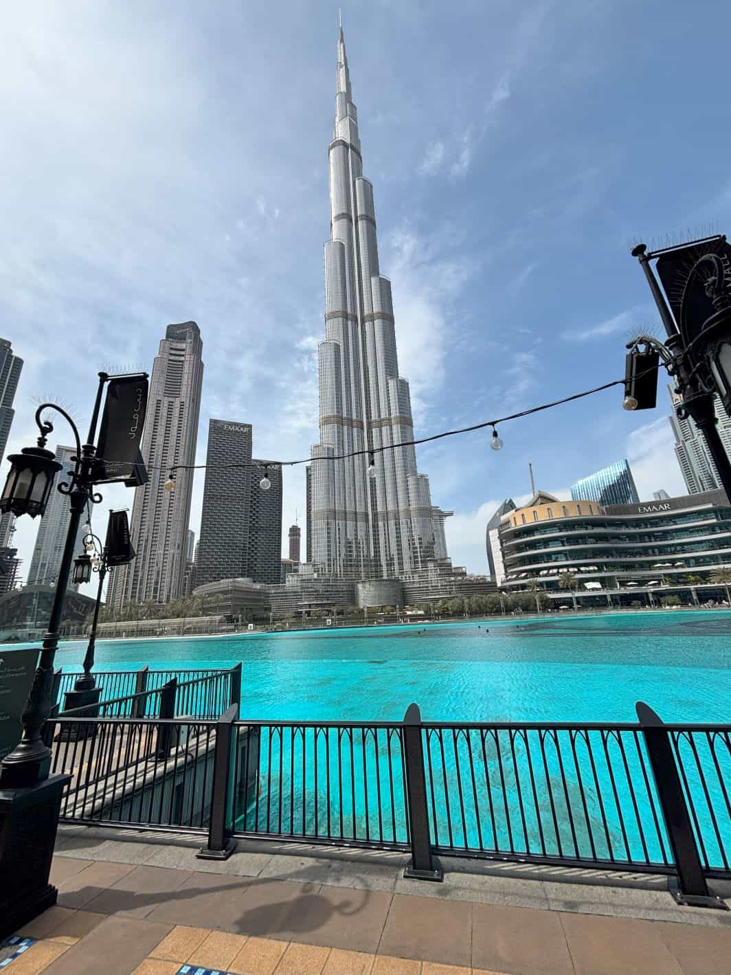 Enjoying lunch while looking across the Dubai Fountain at The Burj Khalifa. 