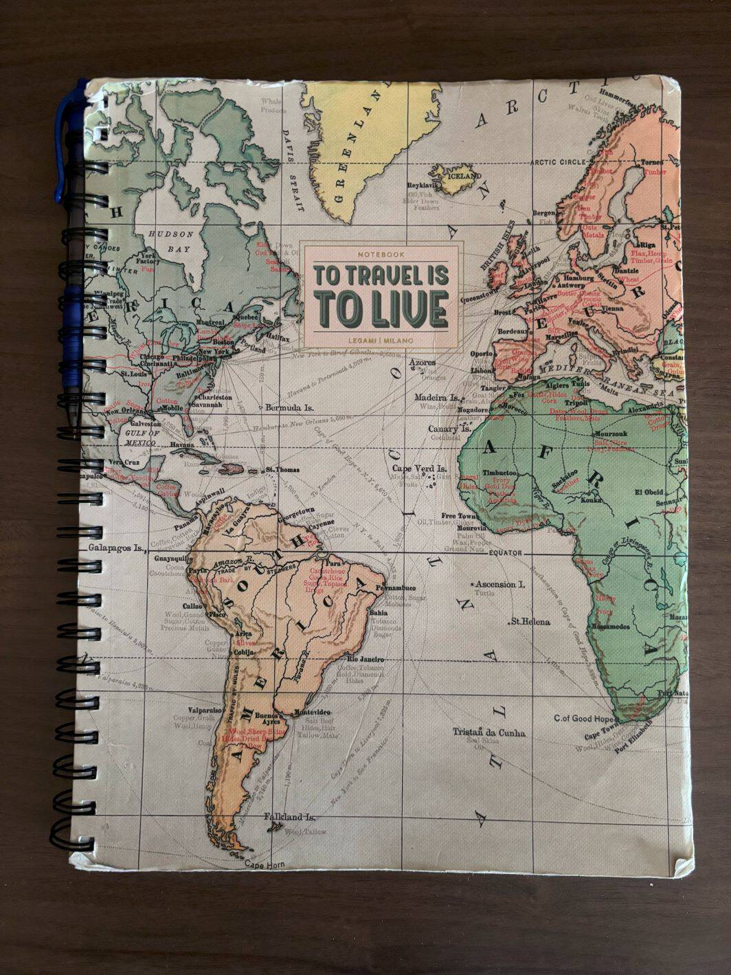 Christine's current travel journal. She writes things down to help her manage her thinking and practice gratitude along her journeys. 