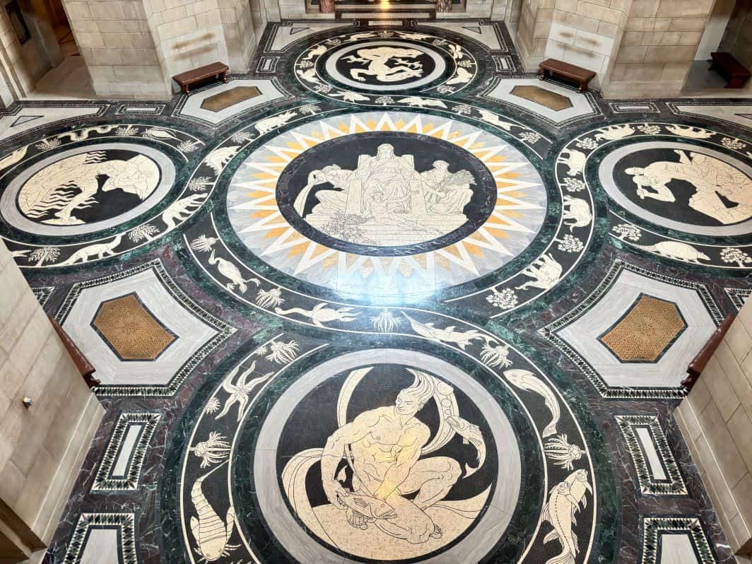 The elemental mosaics on the floor