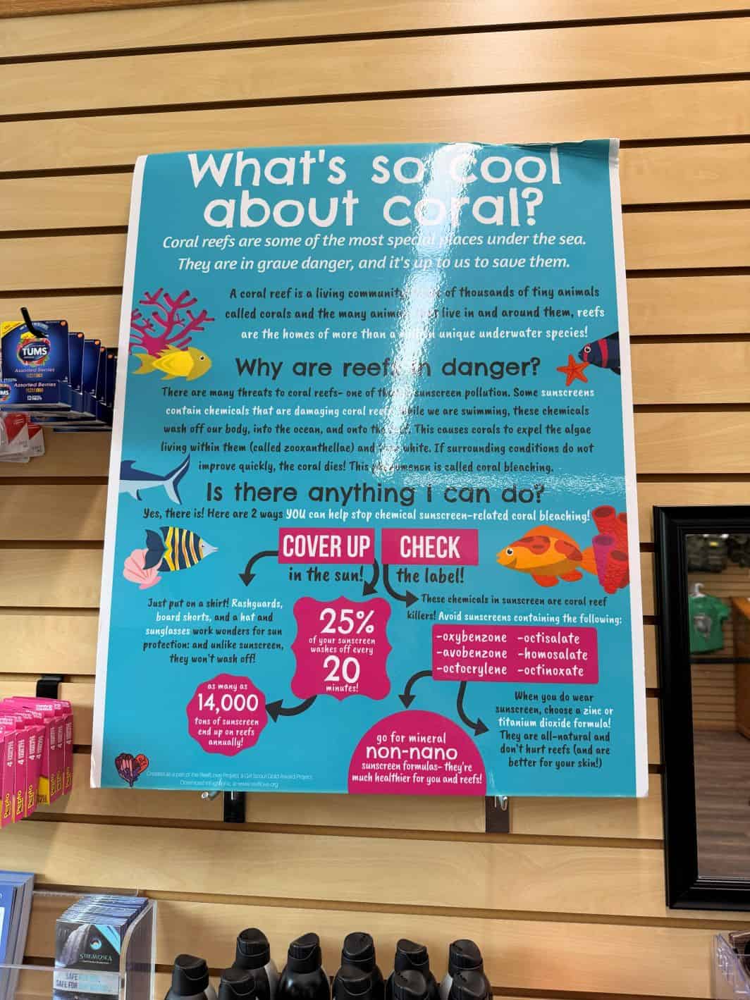 Sign in gift shop explaining sunscreen.